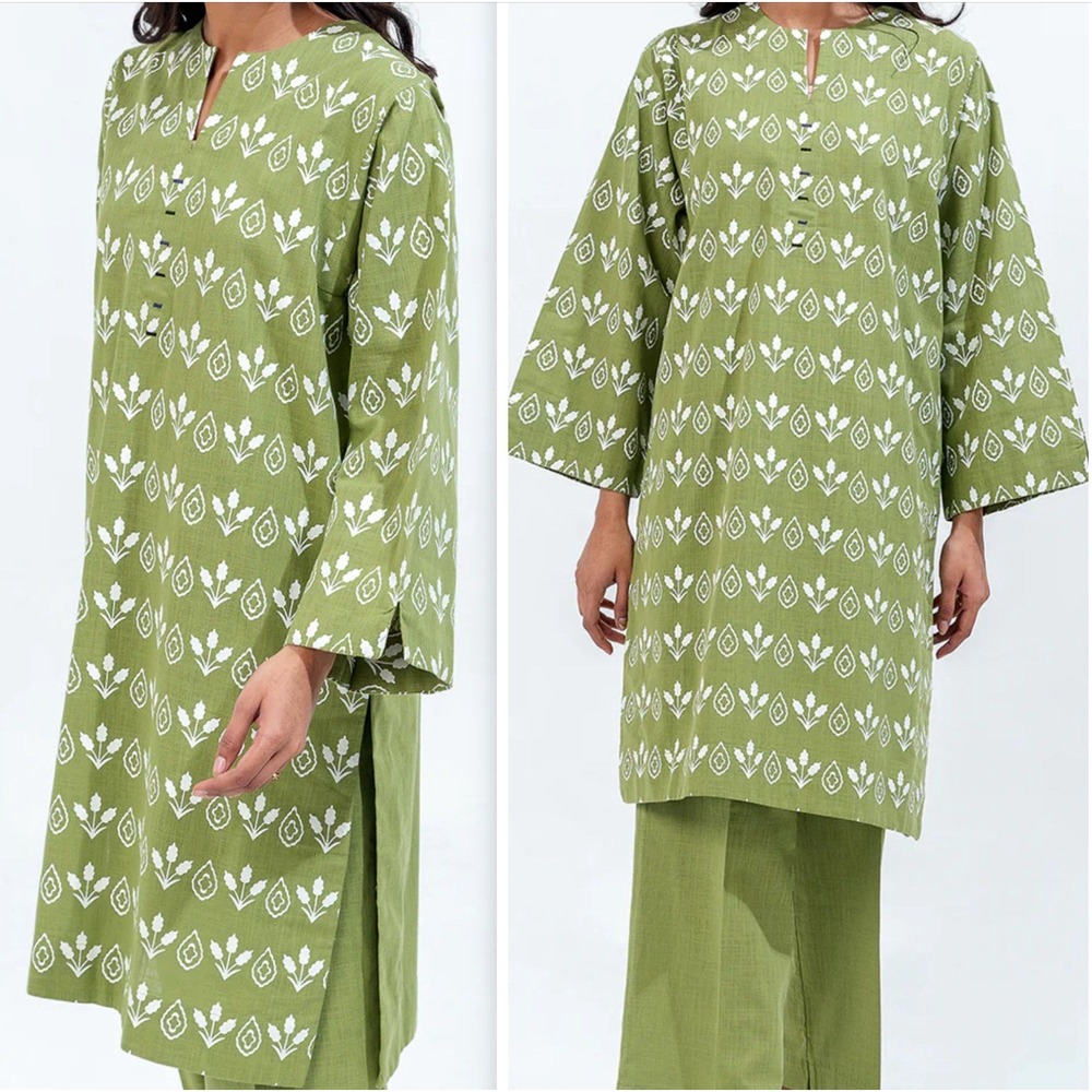 Beechtree Pakistan Shirt Kurti Green Ivory Shirt 2 Way‎ Slub Sz 8